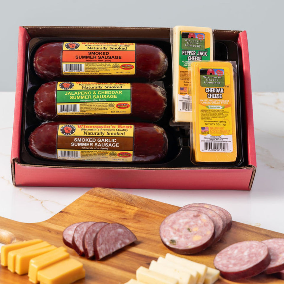 Wisconsin Cheese Company gift box exterior, ready for classy gifting and display.