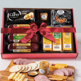 Wisconsin Cheese Company garlic summer sausage and cheese blocks ready to serve.