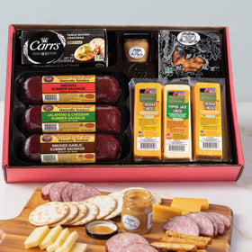 Wisconsin Cheese Company Party Gift Box with smoked sausages, ideal for entertaining.