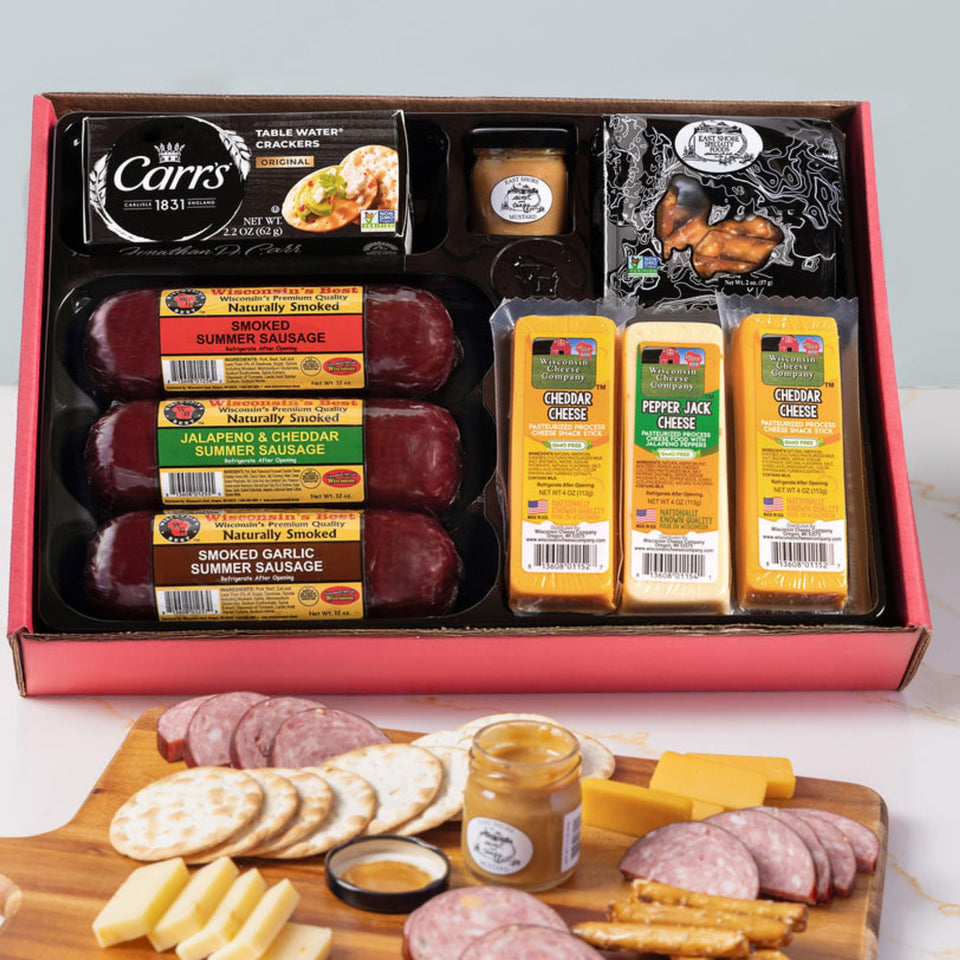 Wisconsin Cheese Company Party Gift Box with smoked sausages, ideal for entertaining.