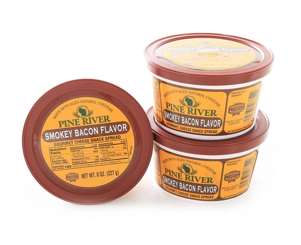 Wisconsin Cheese Mart Pine River smokey bacon spread 8oz tub, creamy texture on crackers