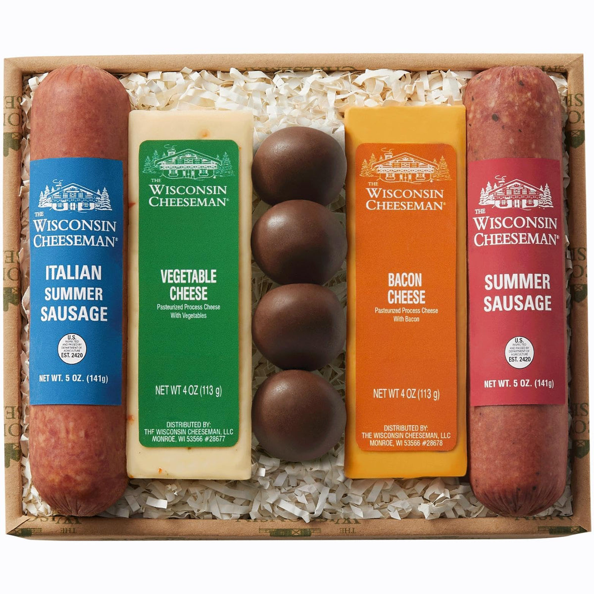 The Wisconsin Cheeseman 5-piece Delights gift box with sausage, cheeses, and truffles for entertaining.