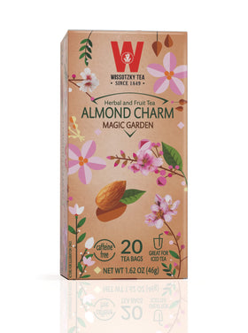 Wissotzky Almond Charm packaging closeup highlights convenient 20-bag pack for easy brewing.