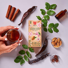 Wissotzky Almond Charm steaming cup image invites cozy, flavorful hot brew any time.