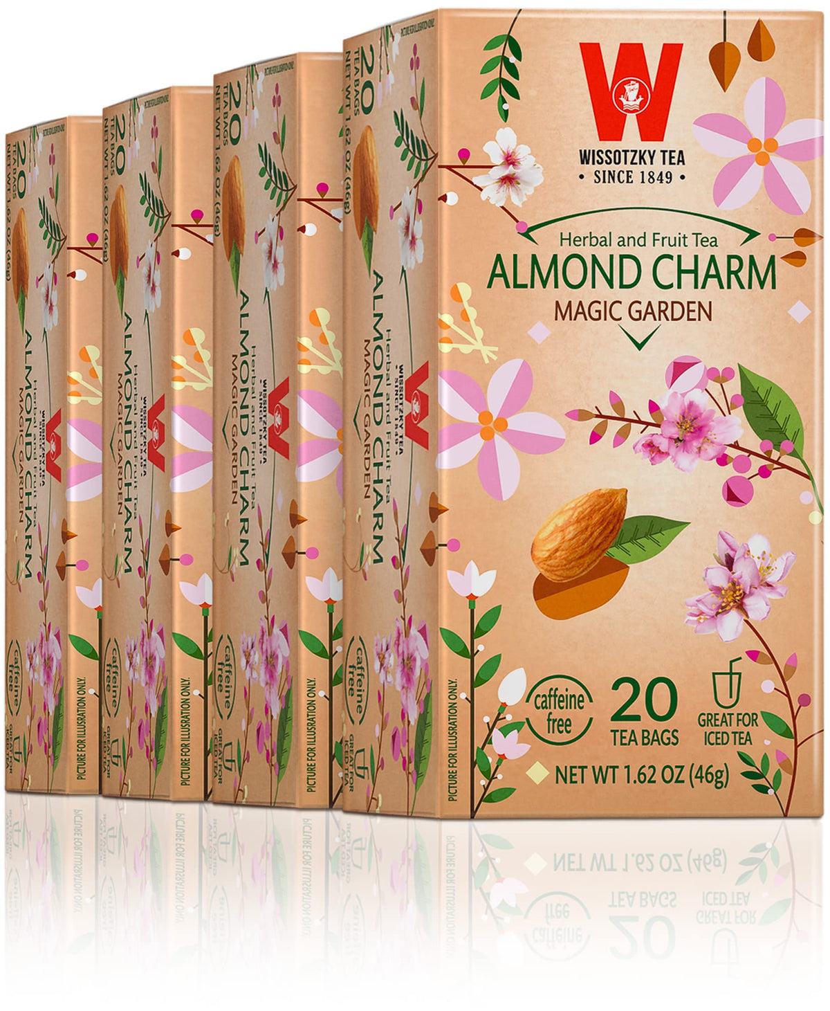 Wissotzky Almond Charm tea bags pack showing vibrant fruit flavors for a refreshing brew.