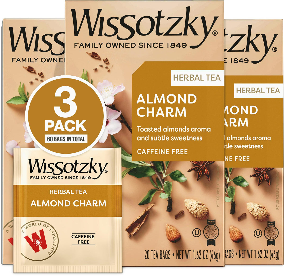 Wissotzky Almond Charm tea bag packaging preserves flavor and aroma.