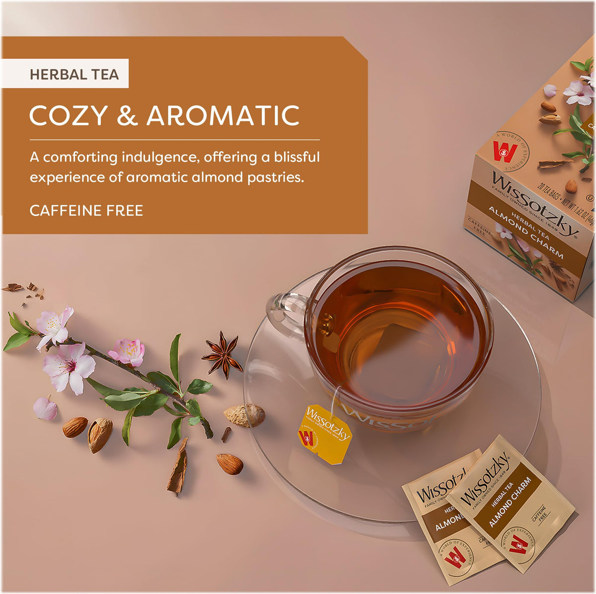 Wissotzky Almond Charm tea bags steeping releasing nutty aroma.