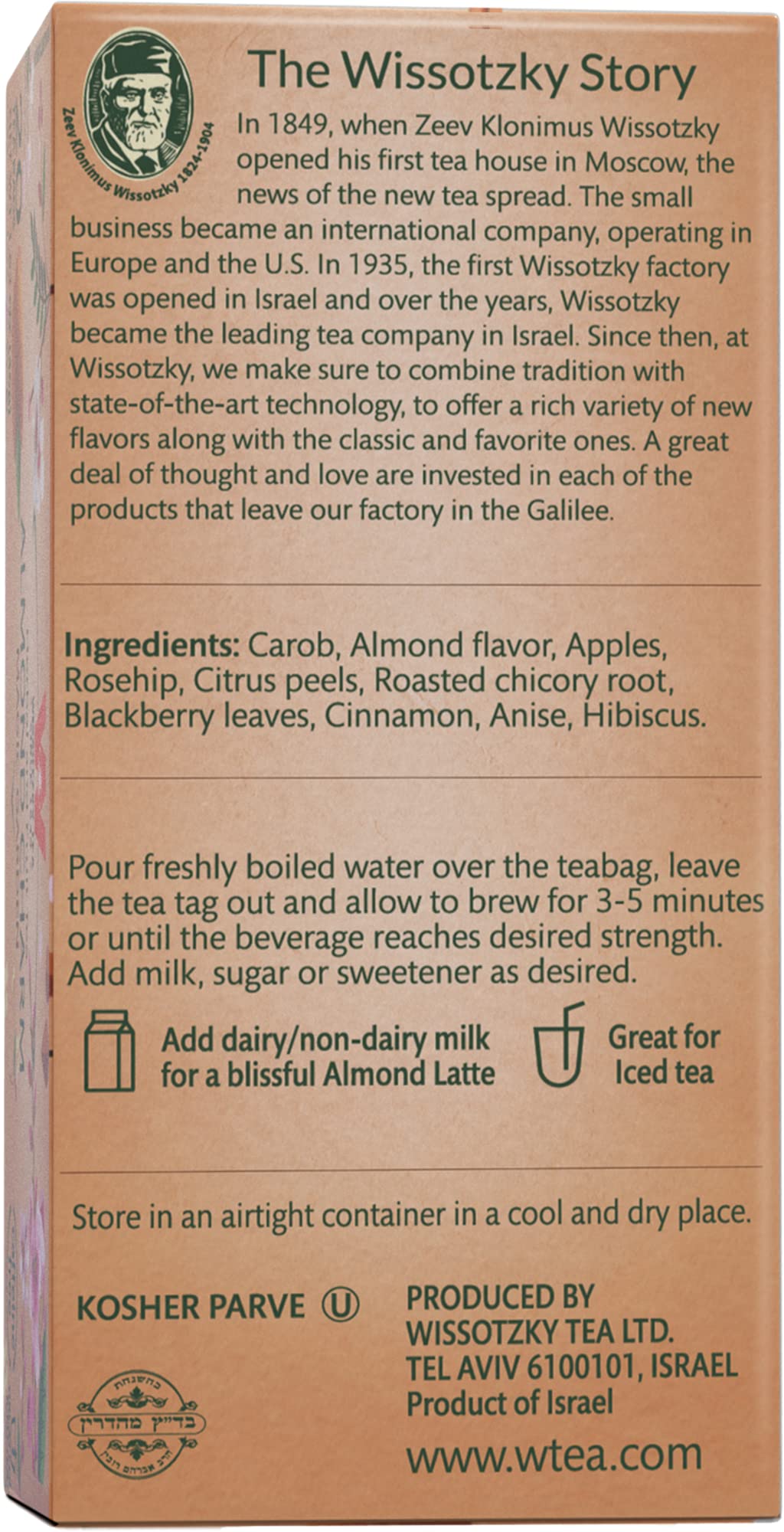 Wissotzky Almond Charm tea leaves spill suggests fresh flavor infusion and quick steeping.