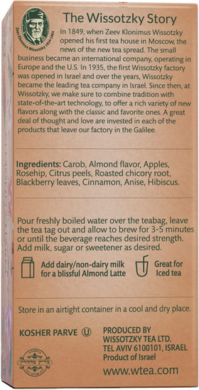 Wissotzky Almond Charm tea leaves spill suggests fresh flavor infusion and quick steeping.