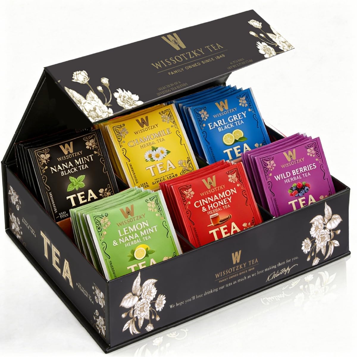 Wissotzky artisanal tea chest with six flavors, ideal gift for tea lovers.