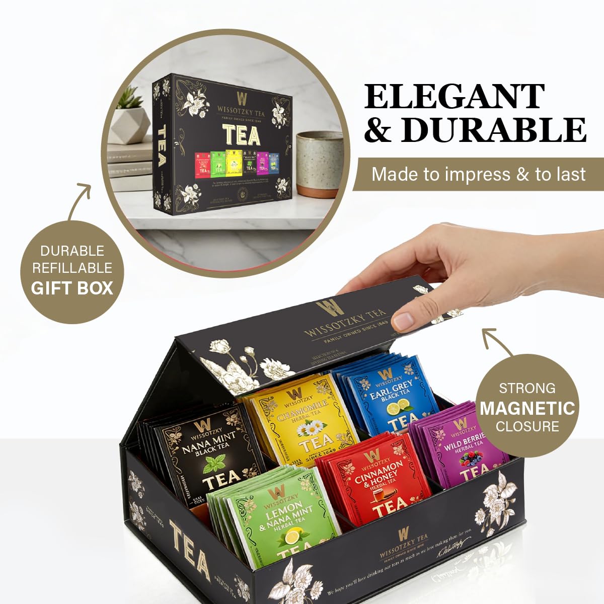 Wissotzky black tea with Nana Mint bag for energized moments.