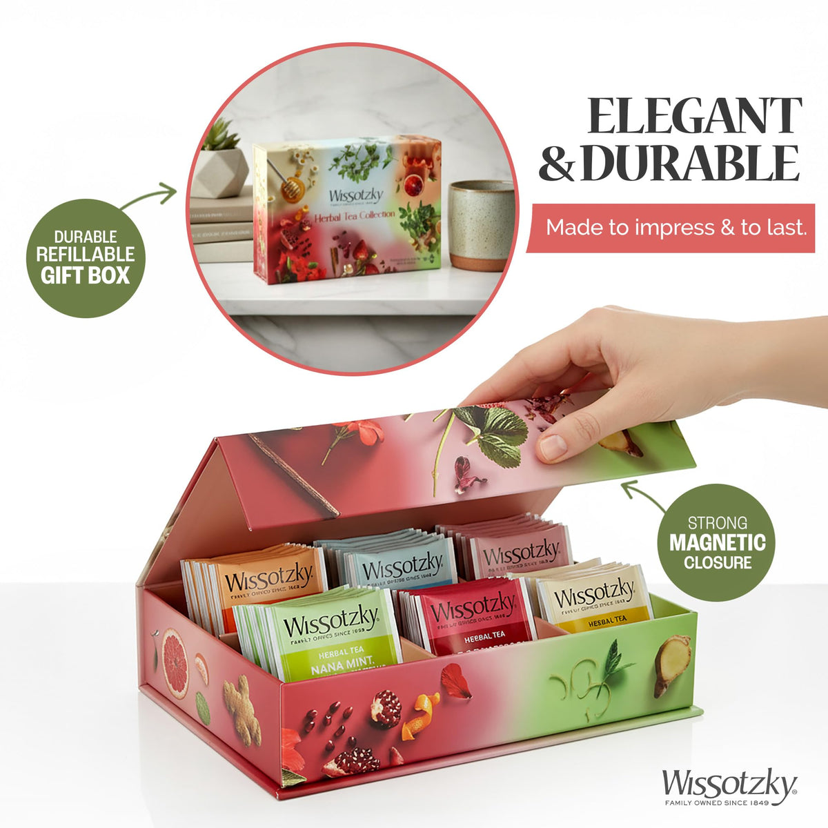 Wissotzky Dream Box magnetic closure open, elegant gift presentation.