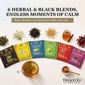 Six-flavor tea bags neatly arranged in elegant compartments.