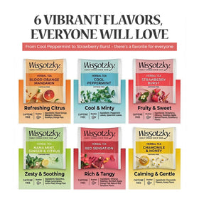 Wissotzky serving hot cup with soothing herbal blends.