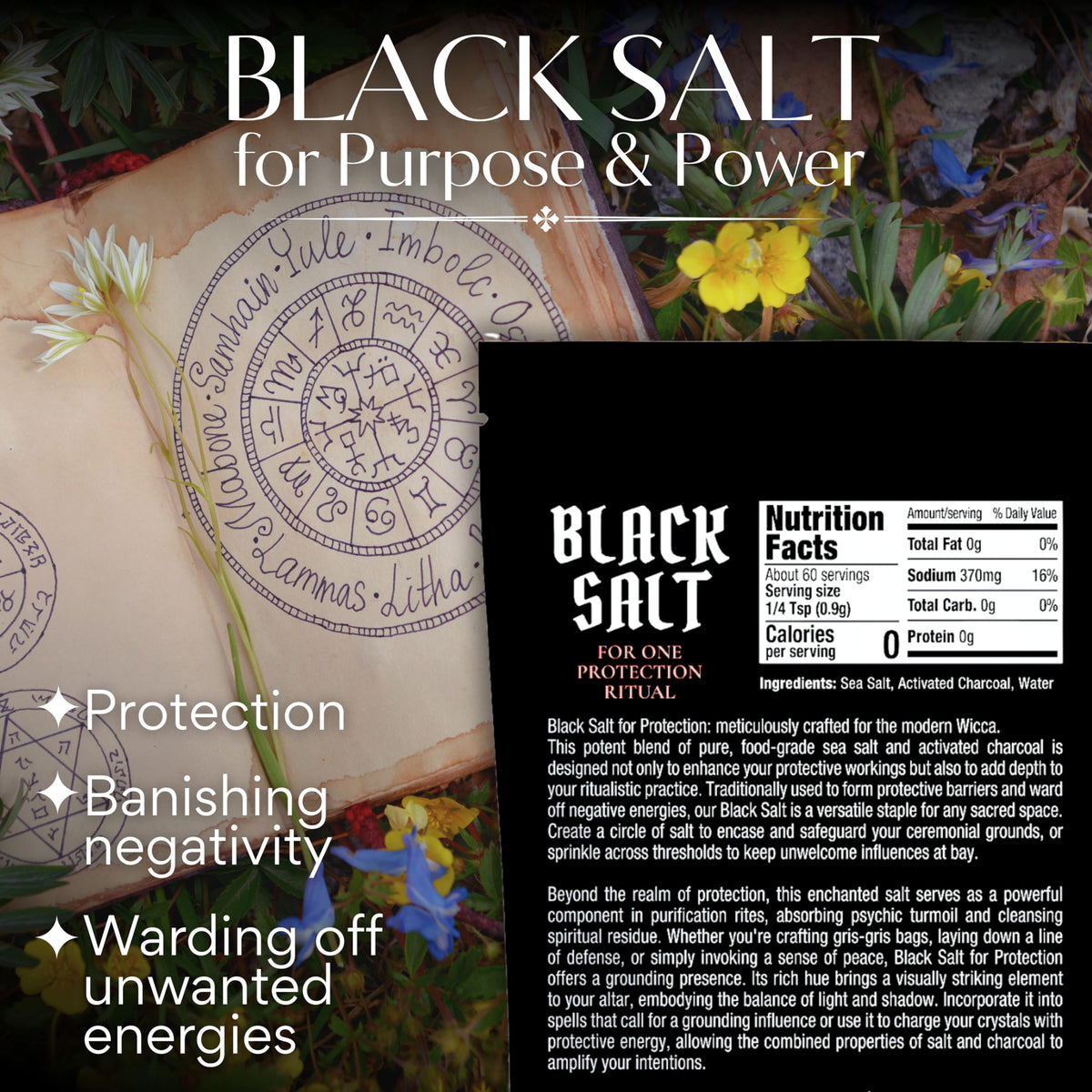 Witches & Wiccan black salt bottle on altar supports spiritual safeguards.