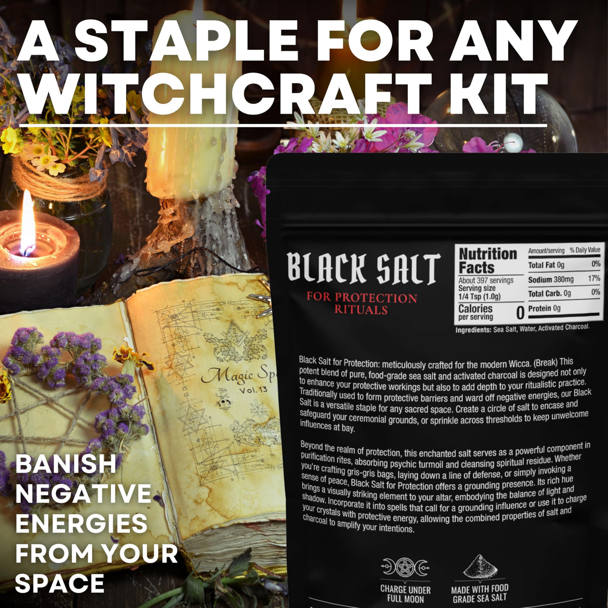 Witches & Wiccan black salt closeup crystals highlight texture for spellwork.