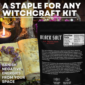 Witches & Wiccan black salt closeup crystals highlight texture for spellwork.