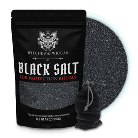Witches & Wiccan black salt protection bag front label for ritual setup.