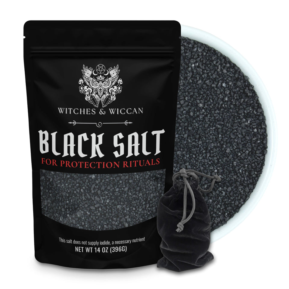 Witches & Wiccan black salt protection bag front label for ritual setup.