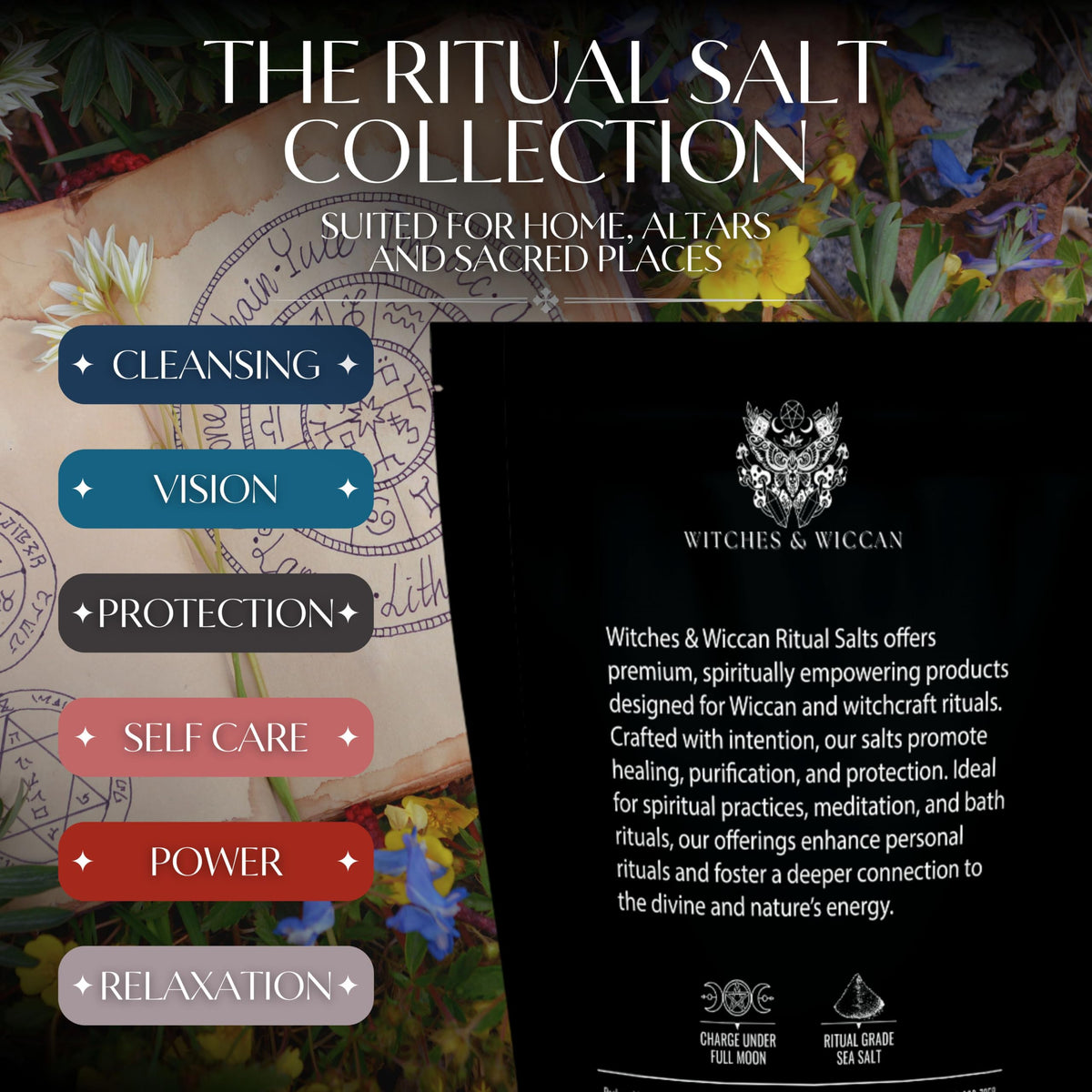 Witches & Wiccan ritual salt collection kit display on an altar.