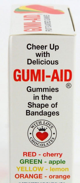 Close-up of Gumi-Aid gummy bandages, showcasing Cherry, Apple, Lemon, and Orange varieties.