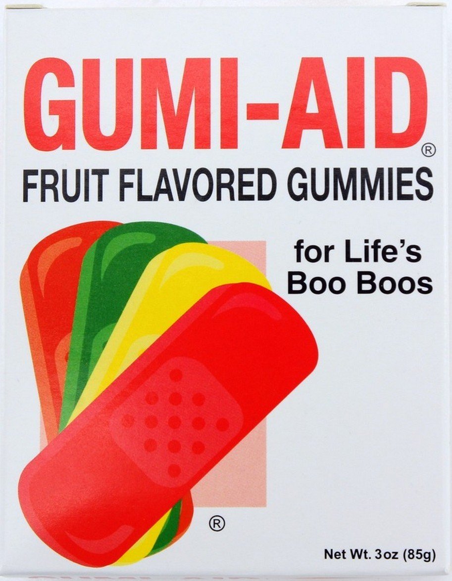With Love Chocolates Gumi-Aid box front view, colorful gummy bandages for cheerful party favors.