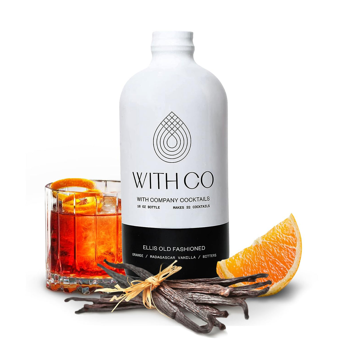 WithCo Ellis Old Fashioned Mix bottle pour highlighting vanilla and orange for rich whiskey notes.