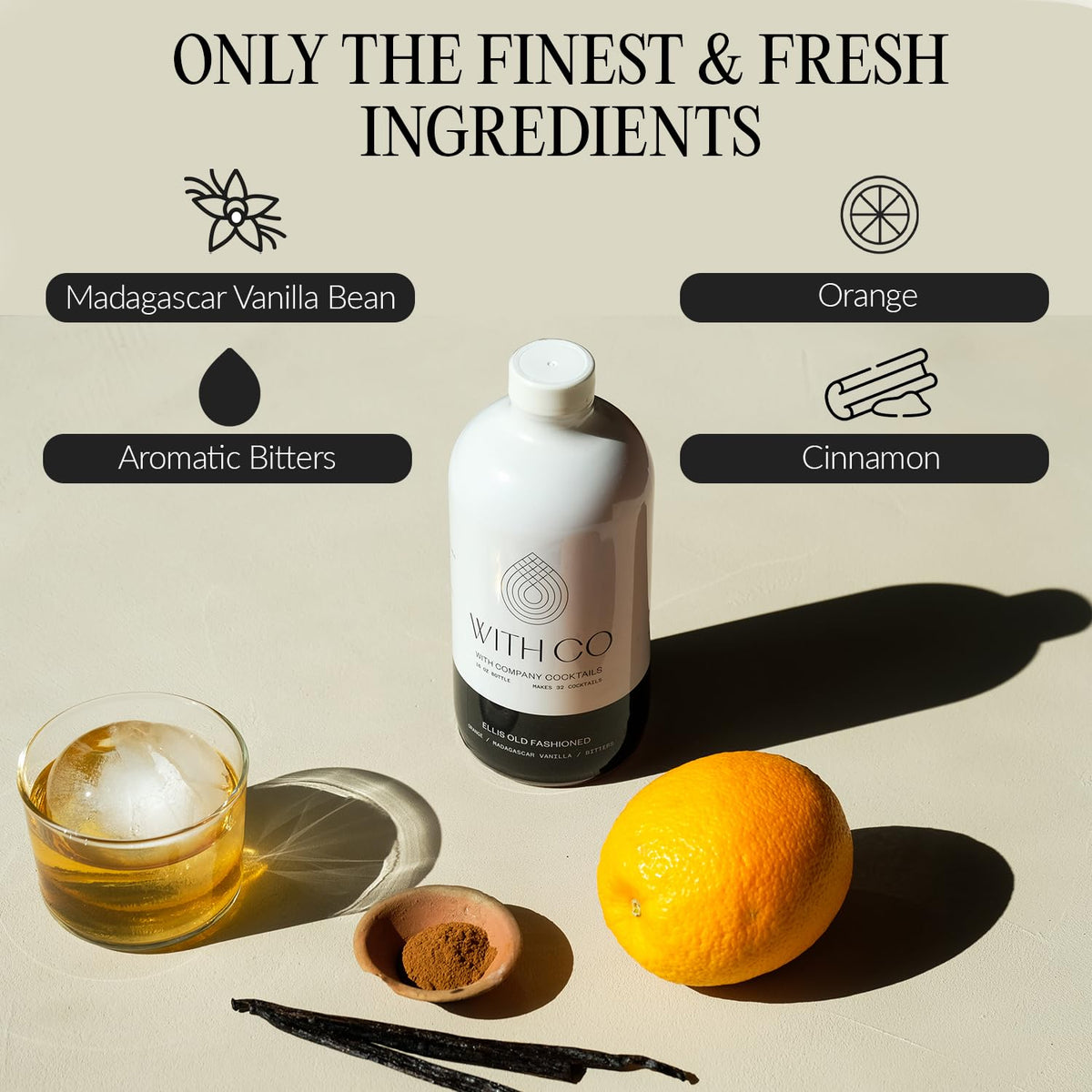 WithCo Ellis Old Fashioned Mix vanilla-orange botanicals for aromatic depth in cocktails.