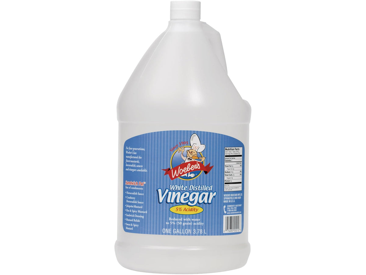 Woeber's distilled vinegar 1 gal bottle pour for cooking and everyday cleaning.