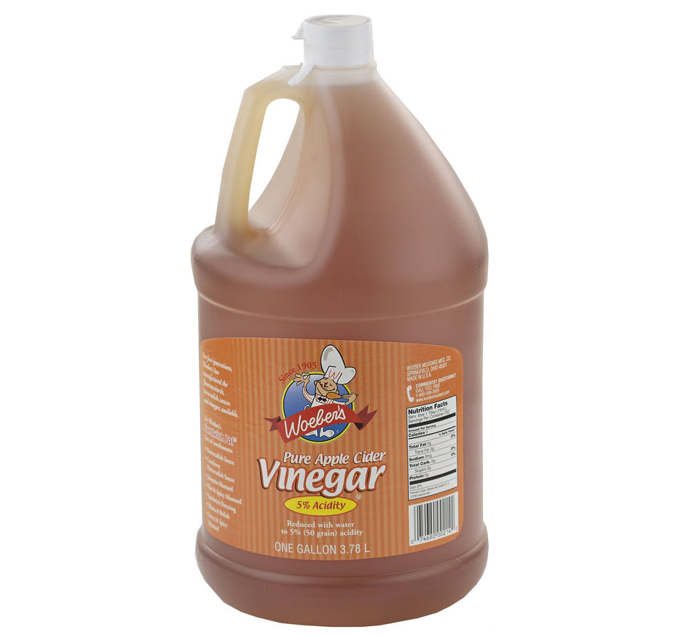 Woeber's Pure Apple Cider Vinegar bottle, 1 gallon, ideal for dressings and cleaning.
