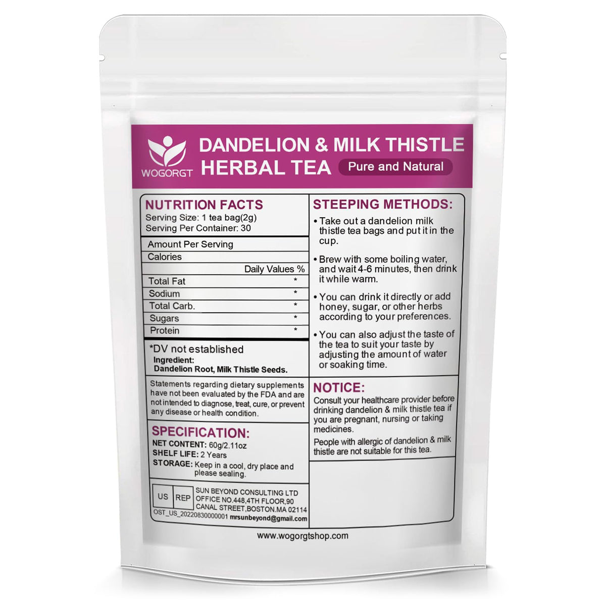 WOGORGT organic-dandelion-root-tea highlighting natural, additive-free ingredients.