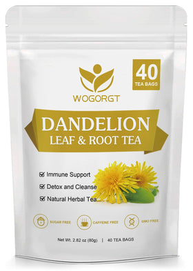 WOGORGT dandelion tea bag close-up highlighting natural, additive-free quality.