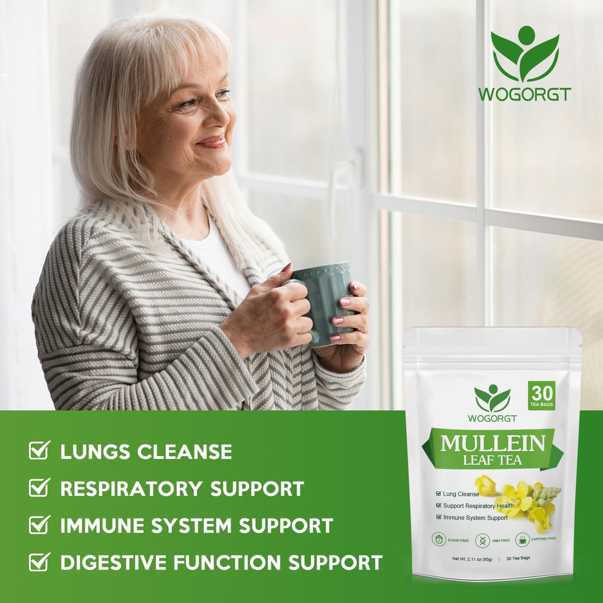 WOGORGT organic mullein tea steeped cup with gentle aroma and flavor.