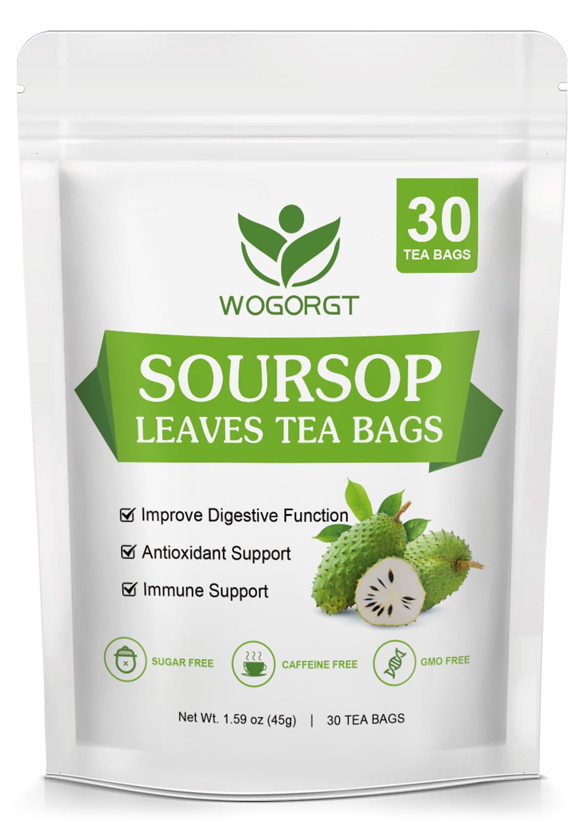 WOGORGT organic soursop leaves tea bags packaging, additive-free and vegan.