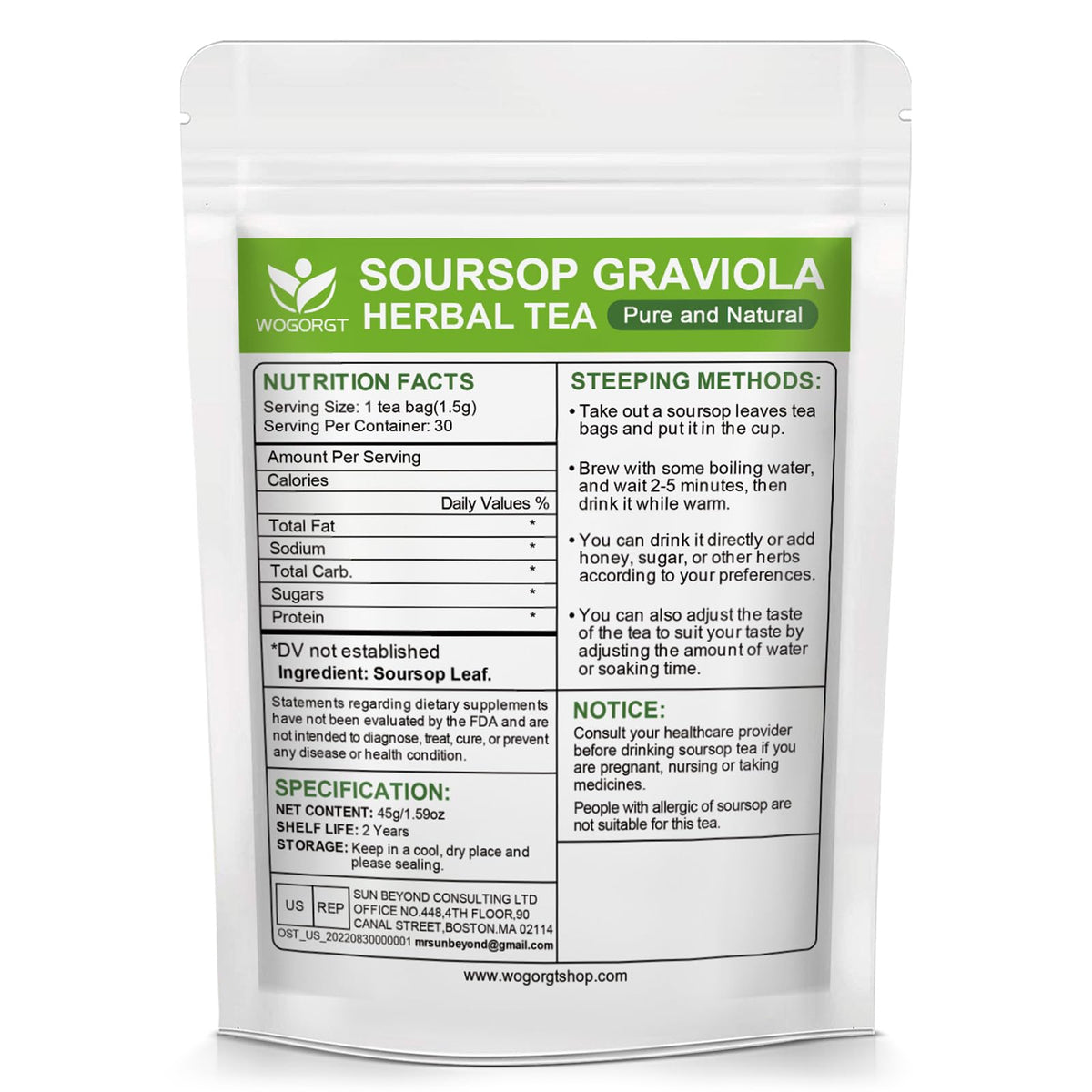 WOGORGT soursop leaves tea bags in cup for a warm, comforting brew.