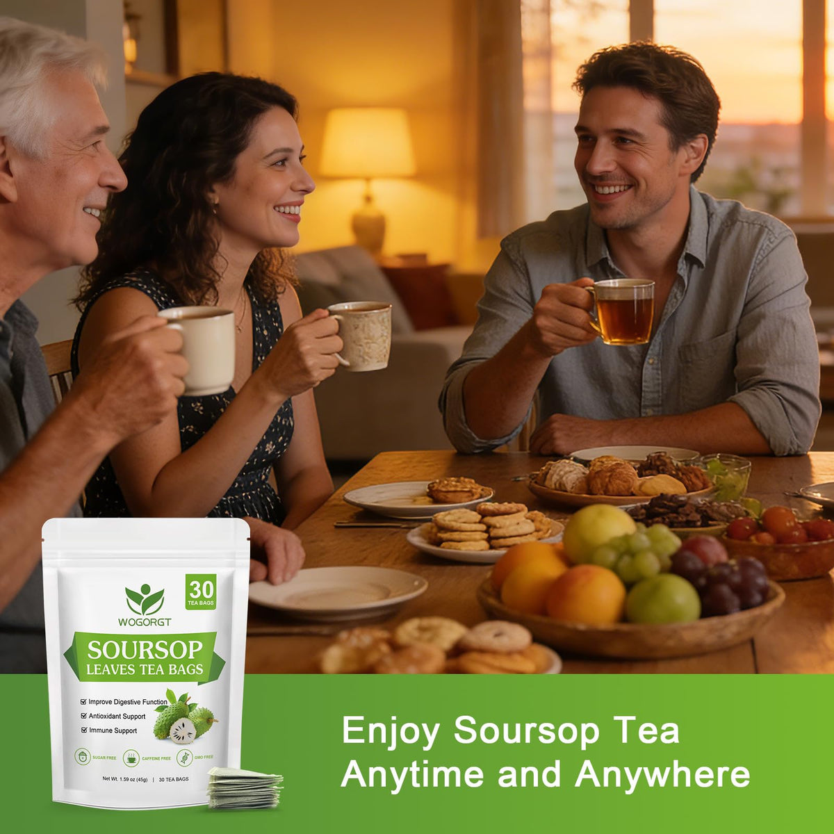 WOGORGT soursop leaves tea bags label showcases caffeine-free, vegan ingredients.