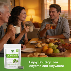 WOGORGT soursop leaves tea bags label showcases caffeine-free, vegan ingredients.