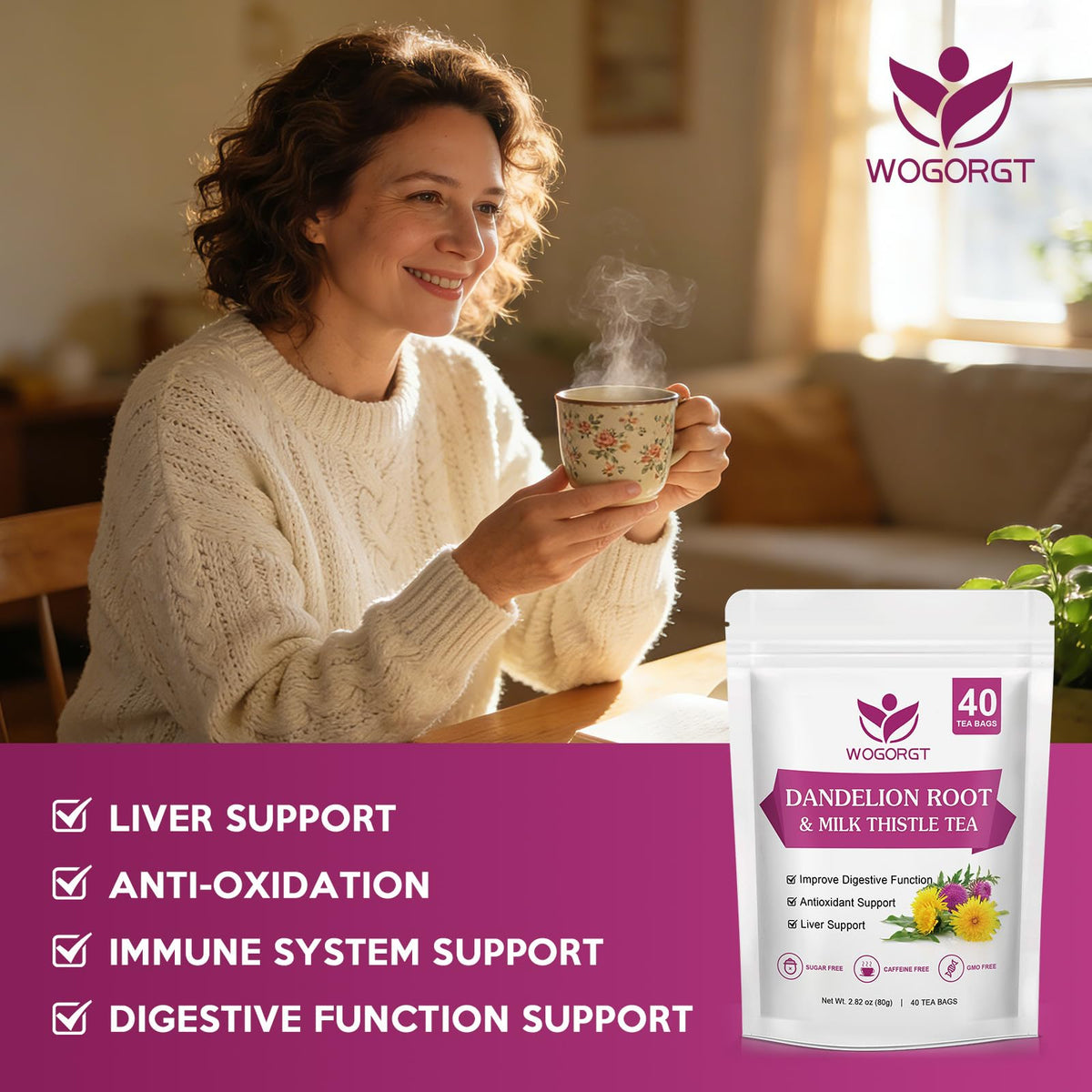 WOGORGT herbal tea steeping image highlighting natural ingredients