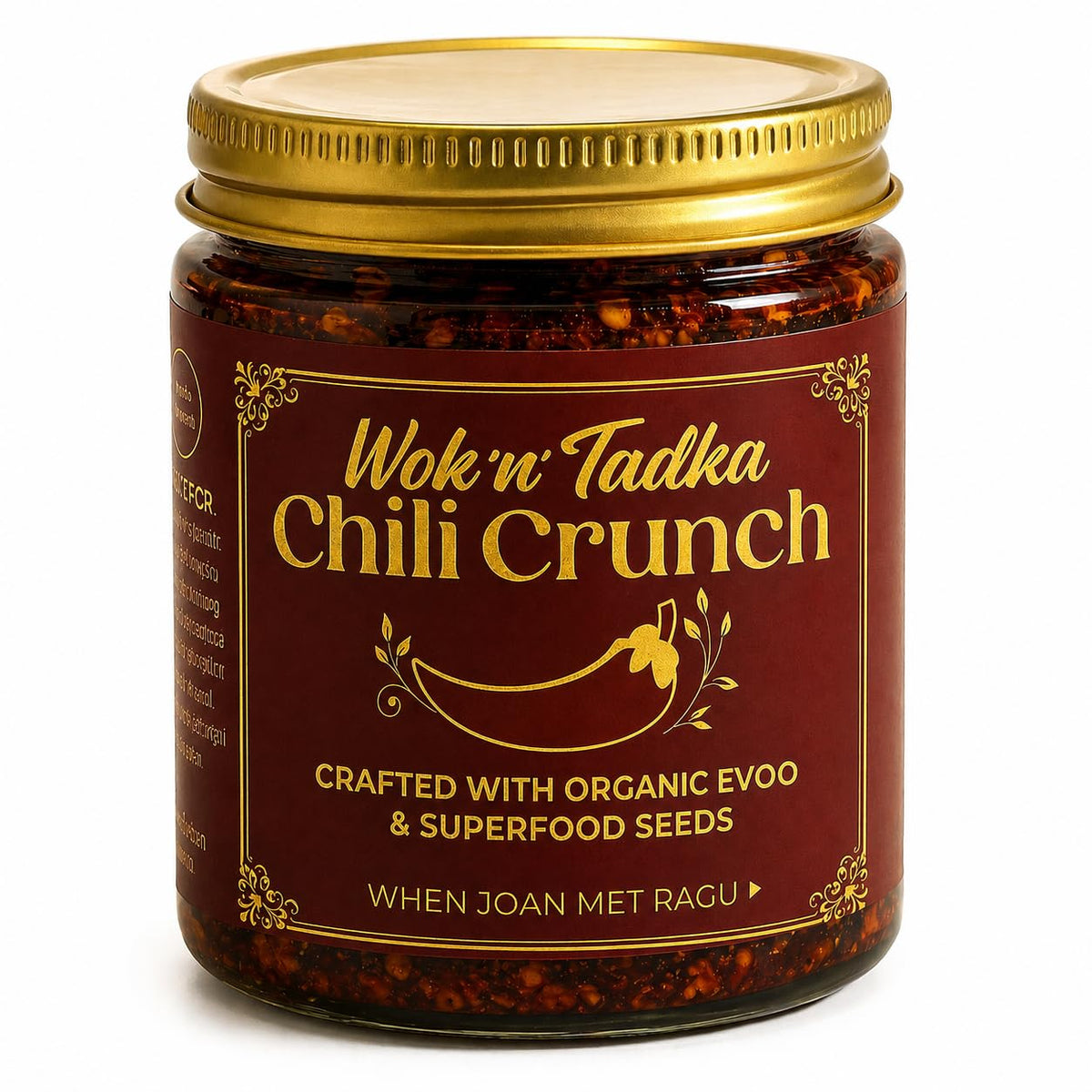 Wok n Tadka spicy garlic chili crunch jar for bold, clean flavor.