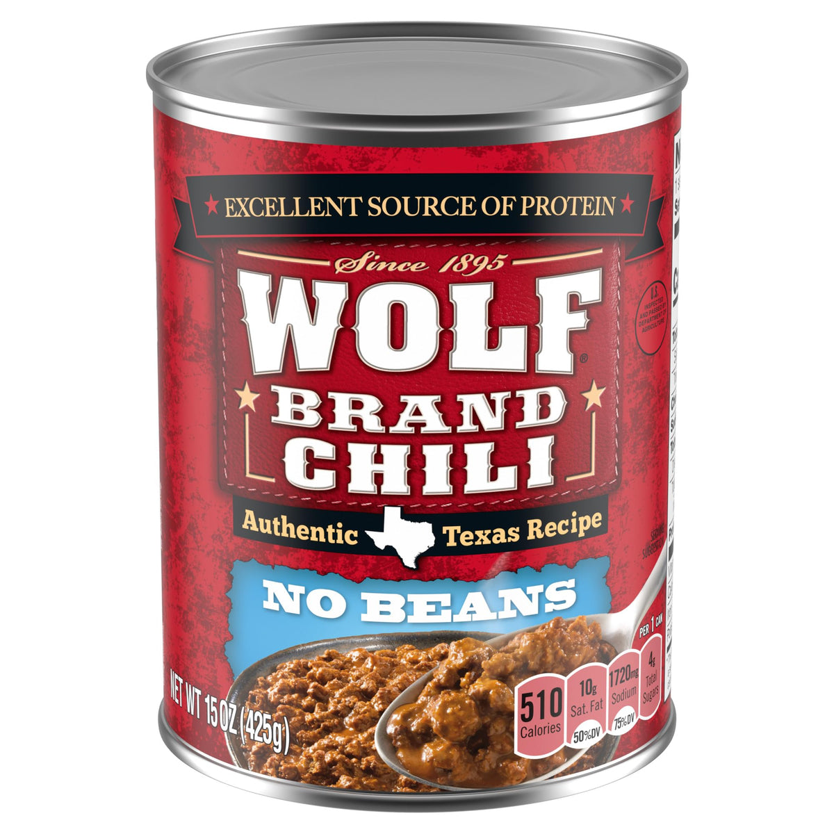 Wolf Brand Chili No Beans front can view for quick pantry meals.
