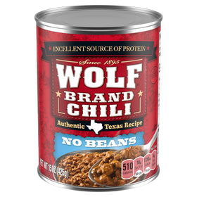 Wolf Brand Chili No Beans front can view for quick pantry meals.