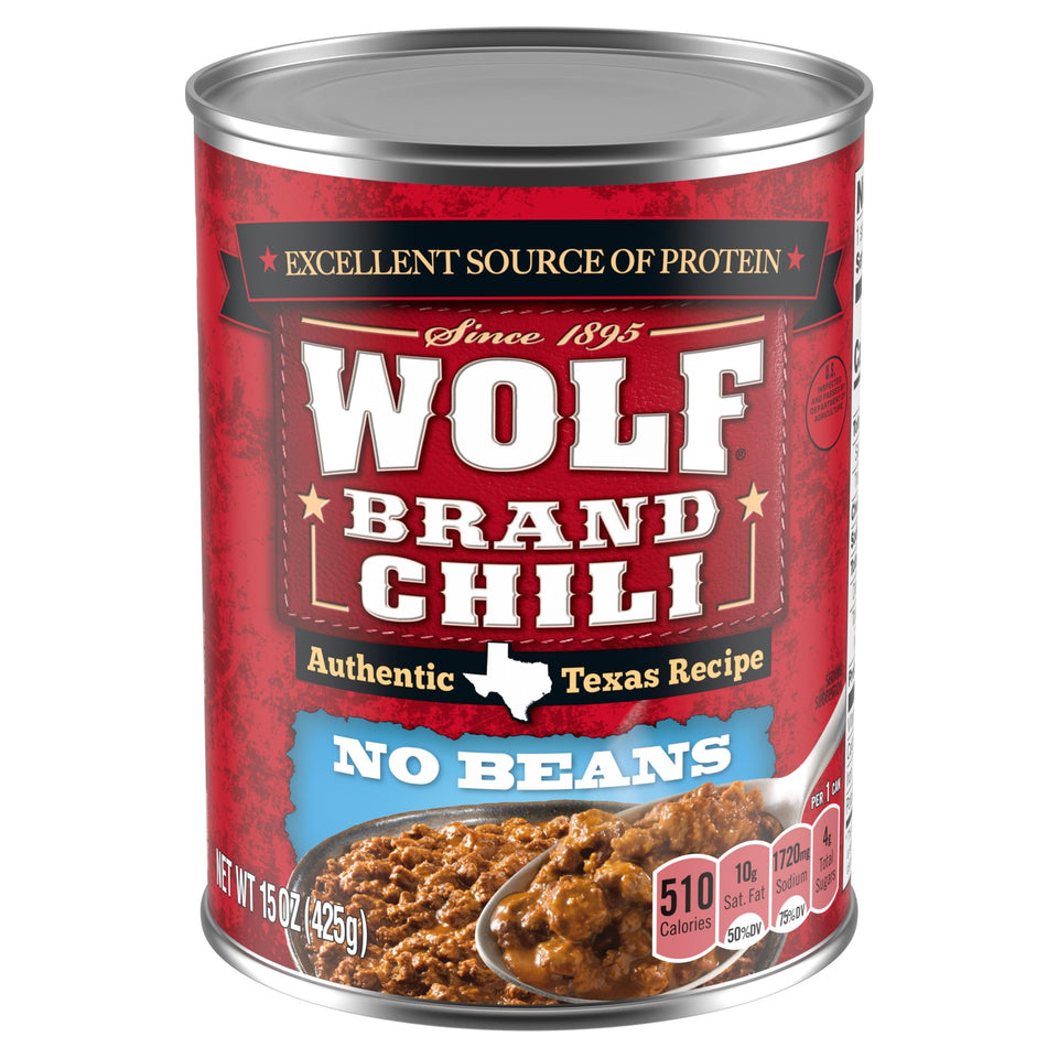 Wolf Brand Chili No Beans front can view for quick pantry meals.