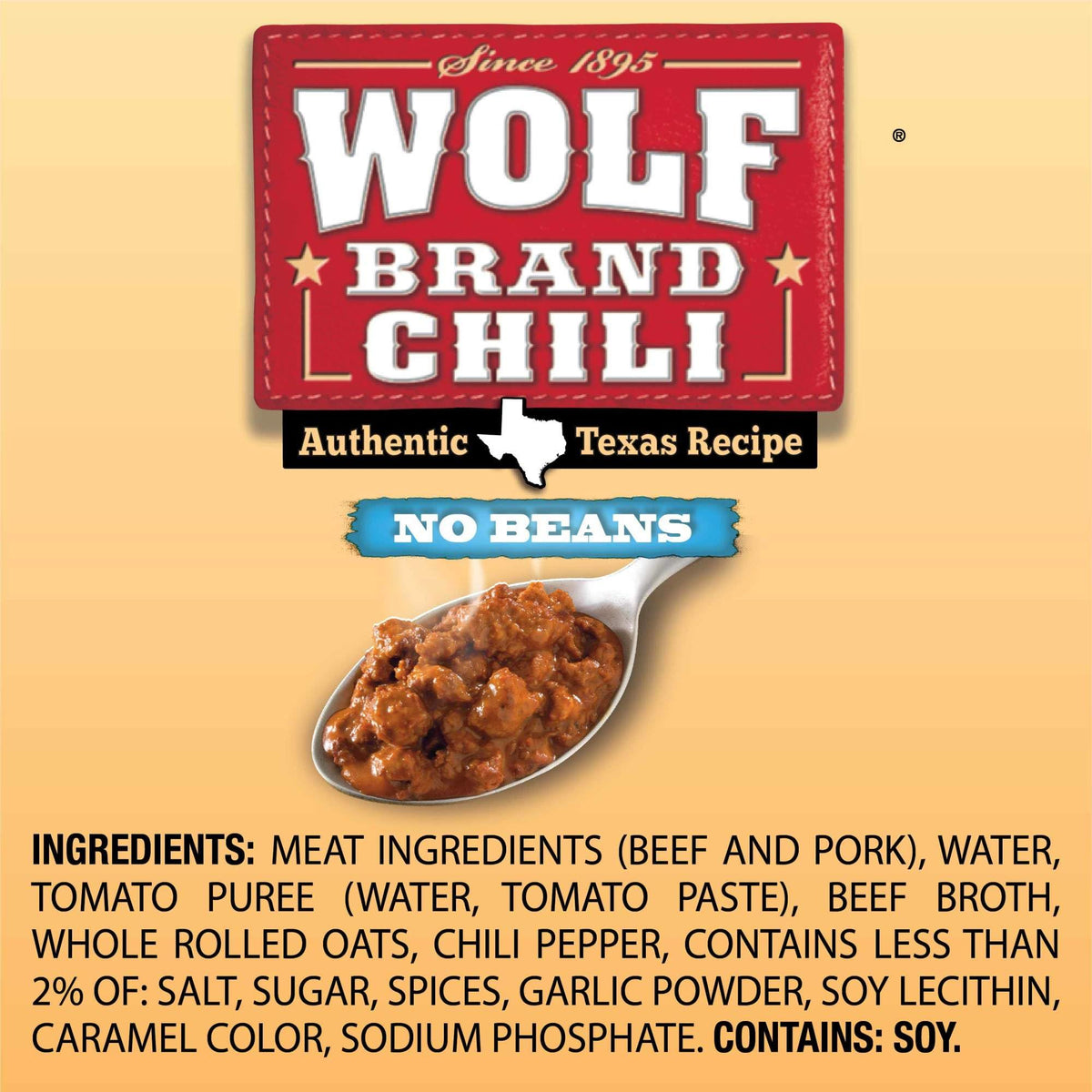 Wolf Brand Chili No Beans pantry shelf ready-to-heat convenience.
