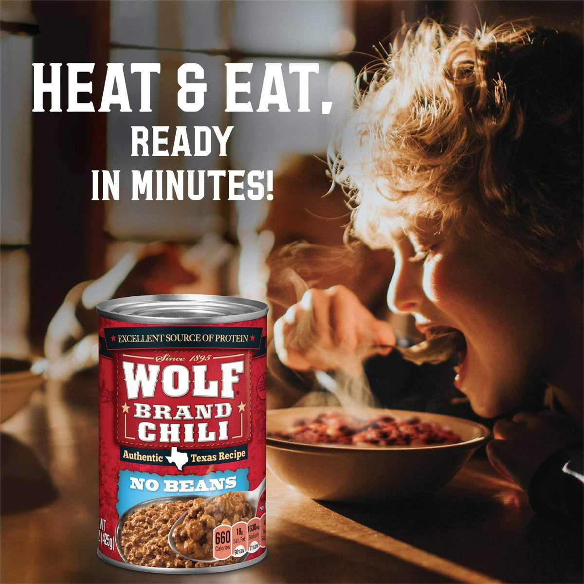 Wolf Brand Chili No Beans served in bowl suggests versatile meals.