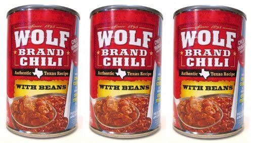 Wolf Brand Texas Style Chili with Beans three-pack cans for quick, satisfying meals.