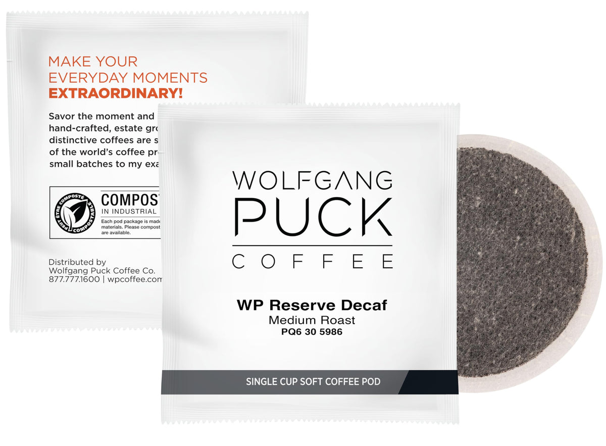 Wolfgang Puck Chef's Reserve Decaf cup pour with rich aroma.