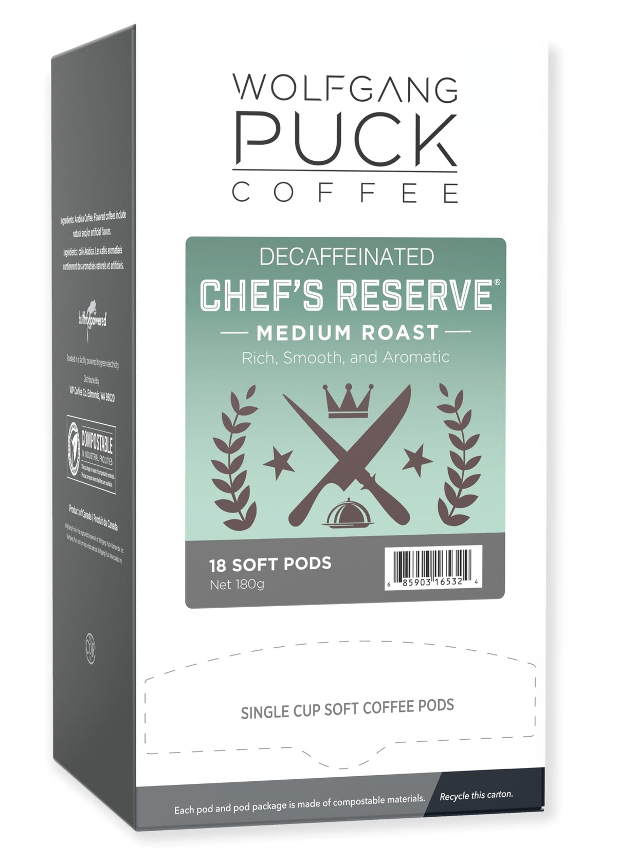 Wolfgang Puck Chef's Reserve Decaf pod closeup for smooth flavor.