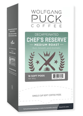 Wolfgang Puck Chef's Reserve Decaf pod closeup for smooth flavor.