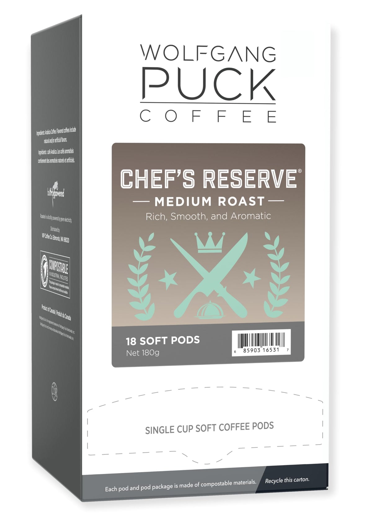Wolfgang Puck Chef's Reserve soft pod pack ready for a quick, flavorful brew.