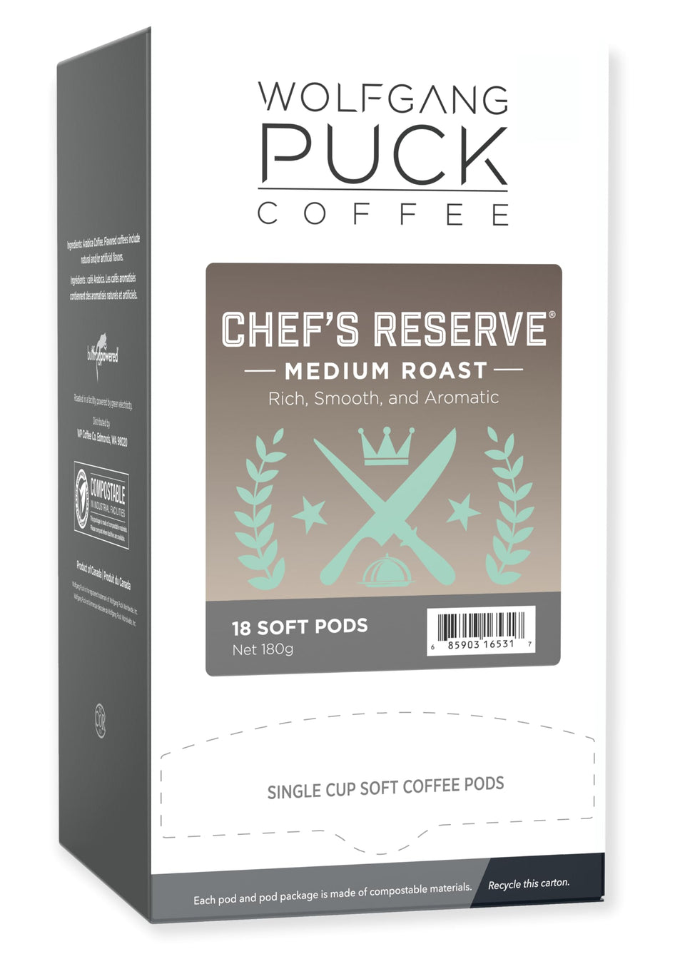 Wolfgang Puck Chef's Reserve soft pod pack ready for a quick, flavorful brew.